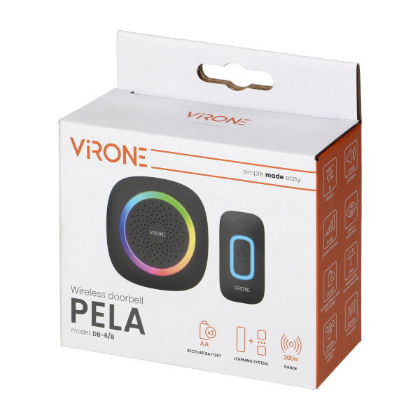PELA, wireless battery-powered doorbell, learning system, 60 sounds, LED RGB, 300m, black