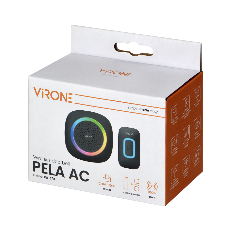 PELA AC, wireless doorbell, learning system, 60 sounds, 300m, black