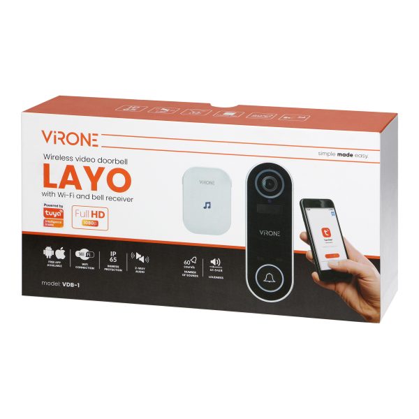 Bezprzewodowy dzwonek wideo LAYO z kamerą wideo Full HD, WiFi i odbiornikiem sieciowym, IP65, komunikacja ze smartfonem z aplika
