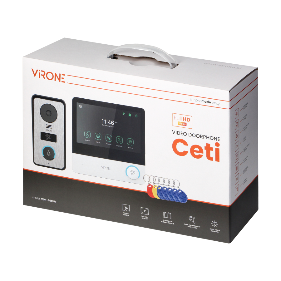 CETI Full HD, video doorphone set, 4-wire, 7", touch screen, Full HD, RFID reader 