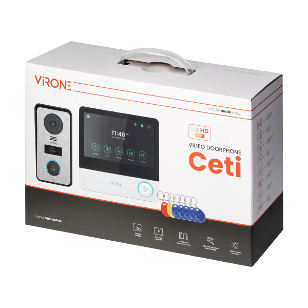 CETI Full HD, zestaw wideodomofonowy jednorodzinny, 4-żyłowy, 7", ekran dotykowy, Full HD, RFID