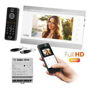 VIFIS FHD video doorphone set (handset-free, code lock, cards/proximity tags reader, mobile app-controlled, DIN rail power suppl
