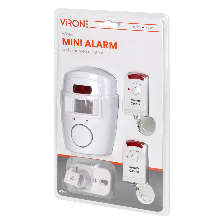 Mini wireless IR alarm with integrated siren and 2 remote control units, 6m operation range, battery-operated