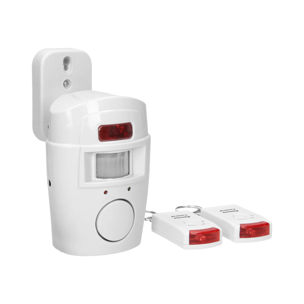 Mini wireless IR alarm with integrated siren and 2 remote control units, 6m operation range, battery-operated