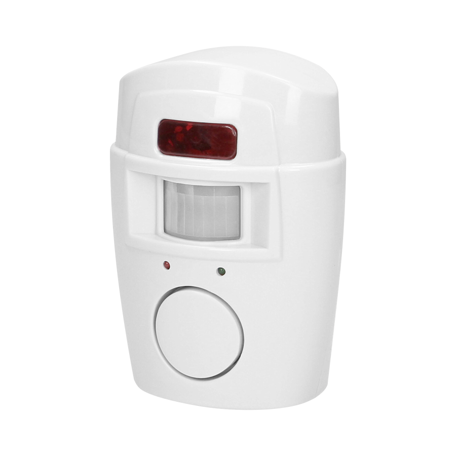 Mini wireless IR alarm with integrated siren and 2 remote control units, 6m operation range, battery-operated