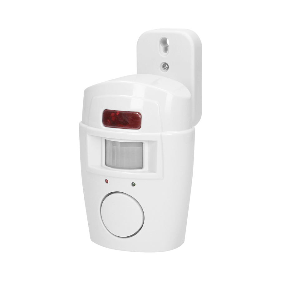 Mini wireless IR alarm with integrated siren and 2 remote control units, 6m operation range, battery-operated
