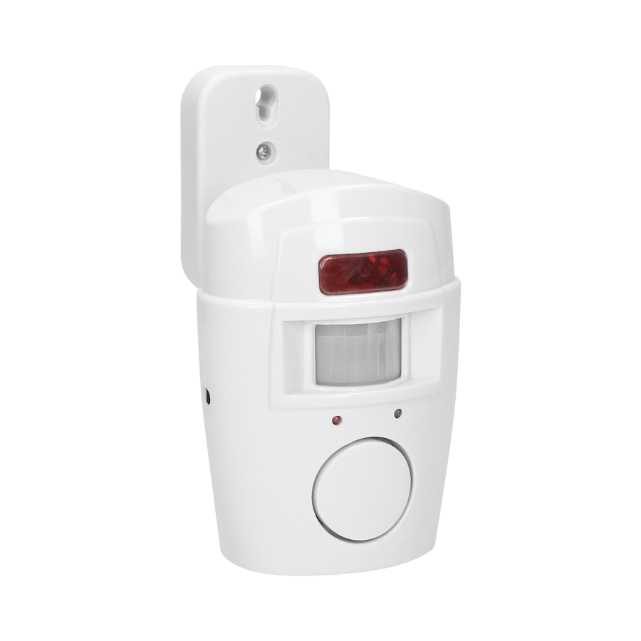 Mini wireless IR alarm with integrated siren and 2 remote control units, 6m operation range, battery-operated