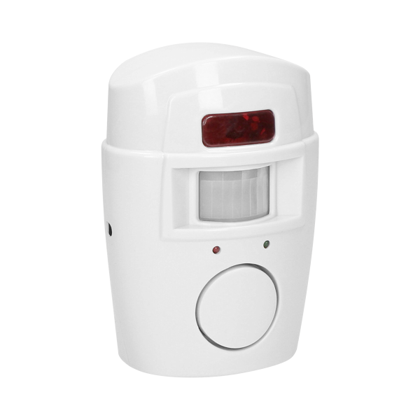 Mini wireless IR alarm with integrated siren and 2 remote control units, 6m operation range, battery-operated