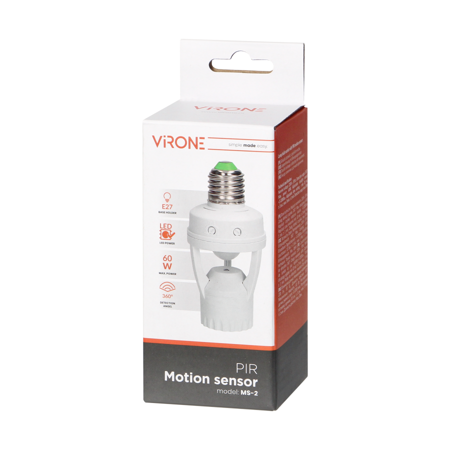 Lamp bulb socket with PIR motion sensor, 360°, IP20, E27 holder, 1x60W