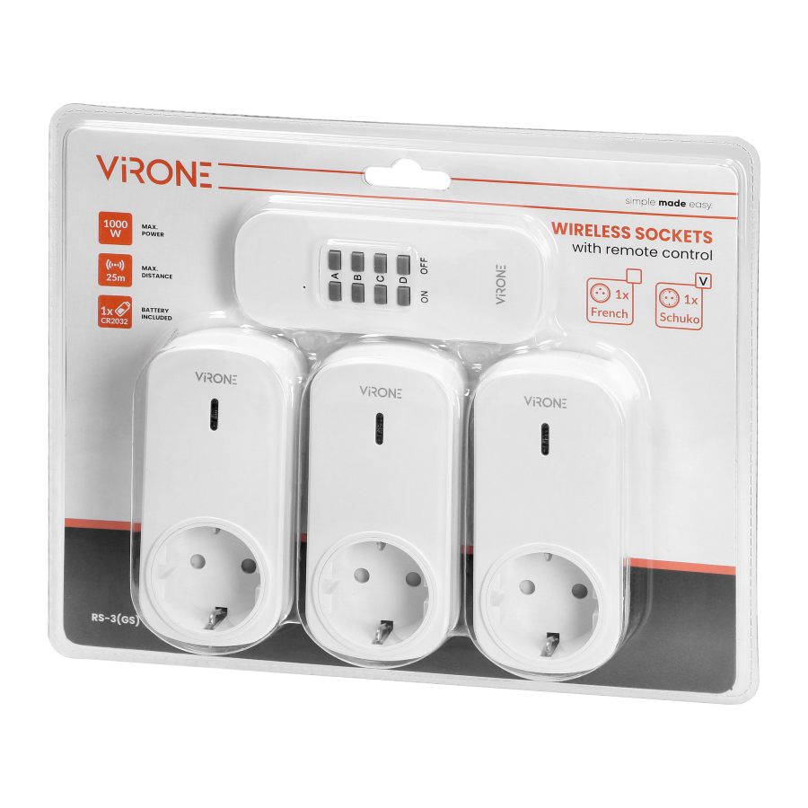 Set of wireless sockets with remote control, 3+1, Schuko