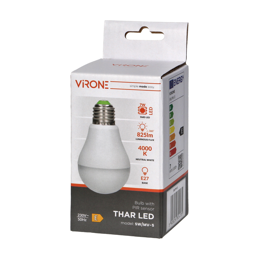 THAR LED 7W A60, bulb with microwave motion sensor, 825lm, 4000K, E27