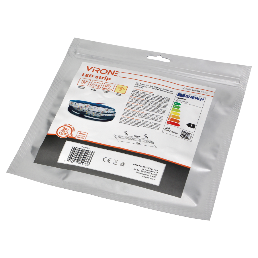 Taśma LED 12V, 2835, 60L/m, 500lm/m, 4,8W/m, IP20, 3000K, 5m