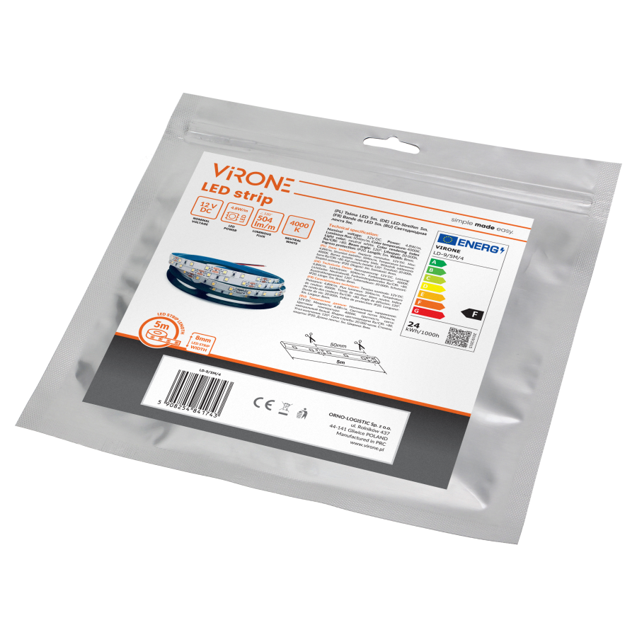 Taśma LED 12V, 2835, 60L/m, 500lm/m, 4,8W/m, IP20, 4000K, 5m