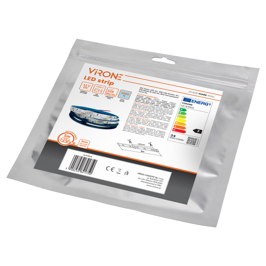 Taśma LED 12V, 2835, 60L/m, 500lm/m, 4,8W/m, IP20, 6000K, 5m