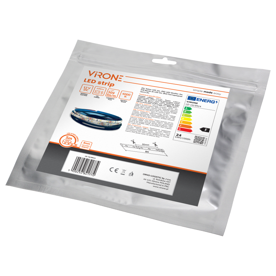 Taśma LED 12V, 2835, 60L/m, 430lm/m, 4,8W/m, IP63, 4000K, 5m