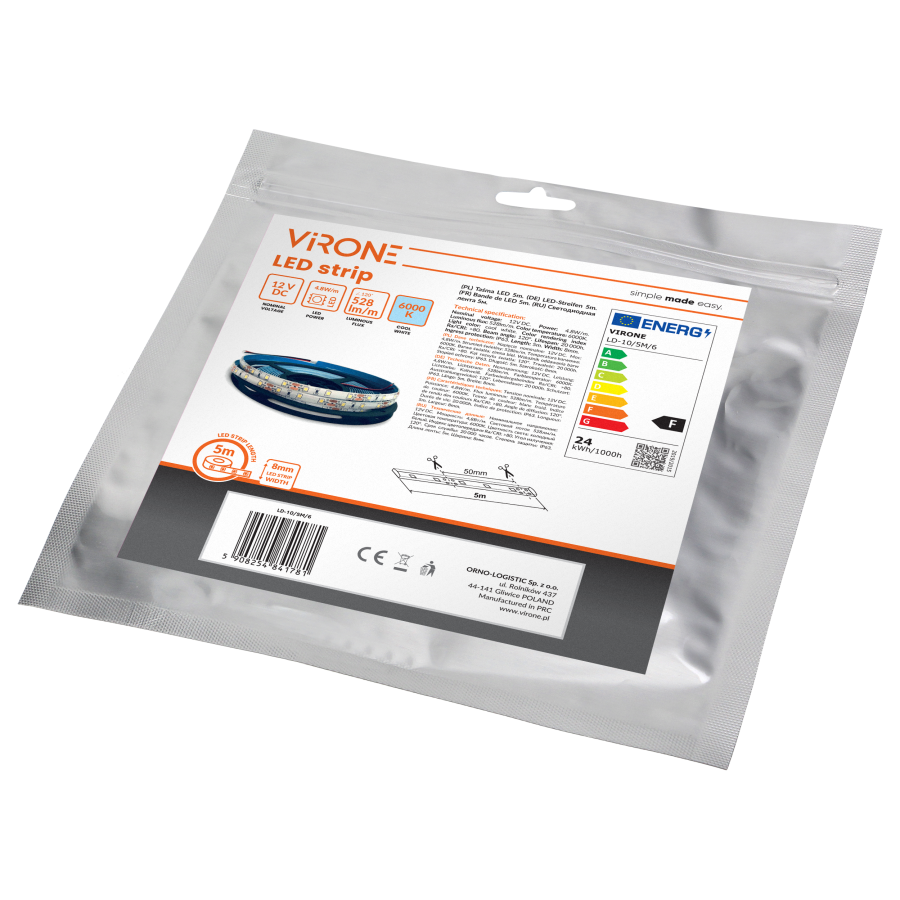 LED strip 12V, 2835, 60L/m, 430lm/m, 4,8W/m, IP63, 6000K, 5m