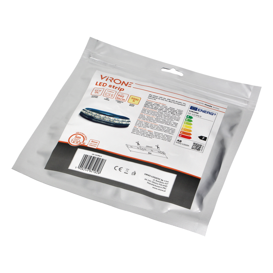Taśma LED 12V, 2835, 120L/m, 760lm/m, 9,6W/m, IP63, 3000K, 5m