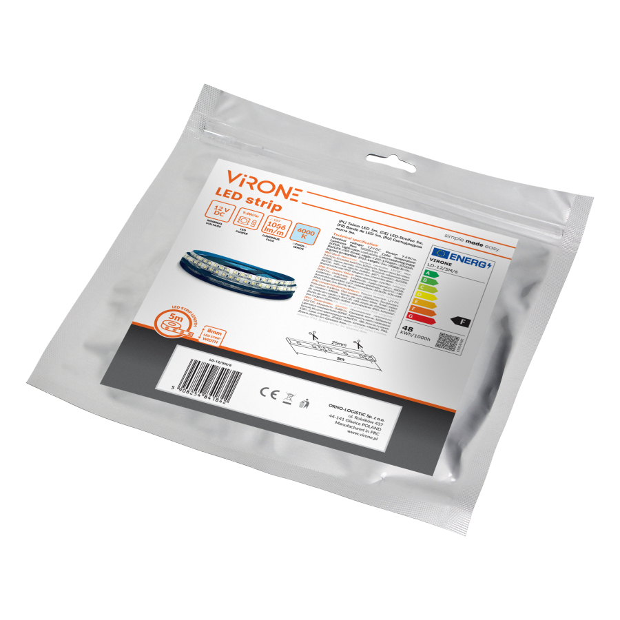 LED strip 12V, 2835, 120L/m, 760lm/m, 9,6W/m, IP63, 6000K, 5m