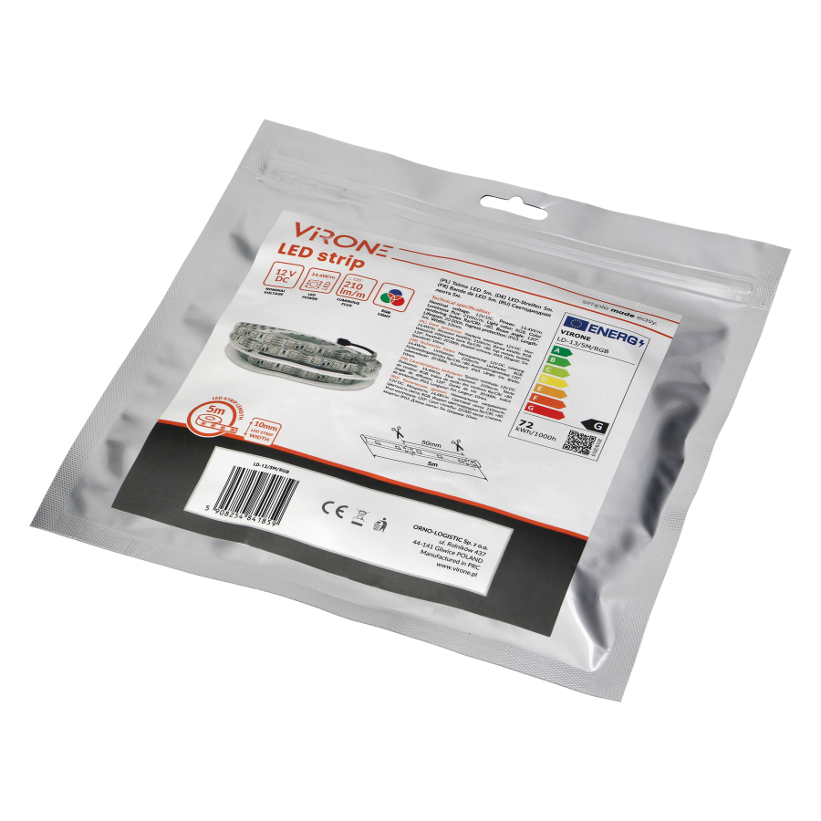 LED strip 12V, 5050, 60L/m, 210lm/m, 14,4W/m, IP63, RGB, 5m