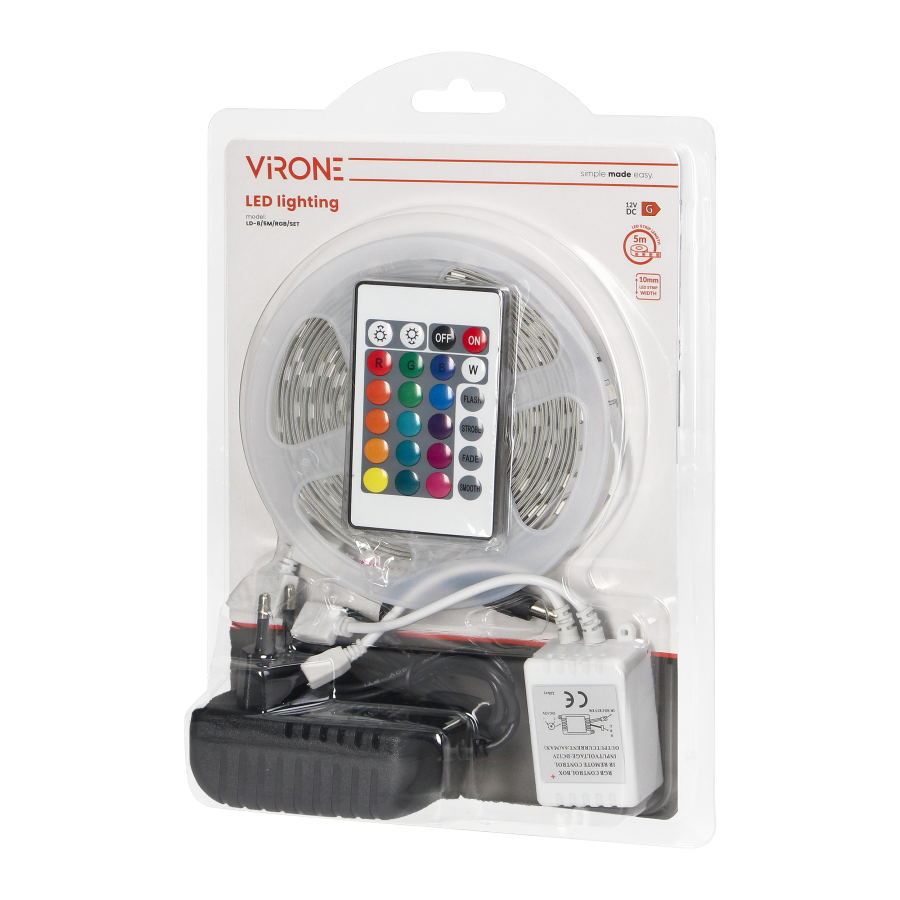Zestaw taśma LED 12V 30L/m 100lm/m 7.2W/m IP20 RGB 5m + Sterownik RGB + Zasilacz 12V