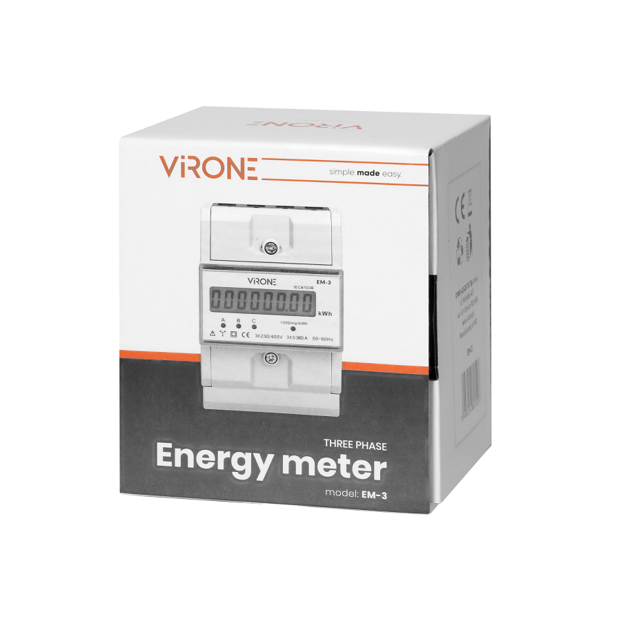 Three-phase energy meter, 80A, 4,3 modules, DIN TH-35mm