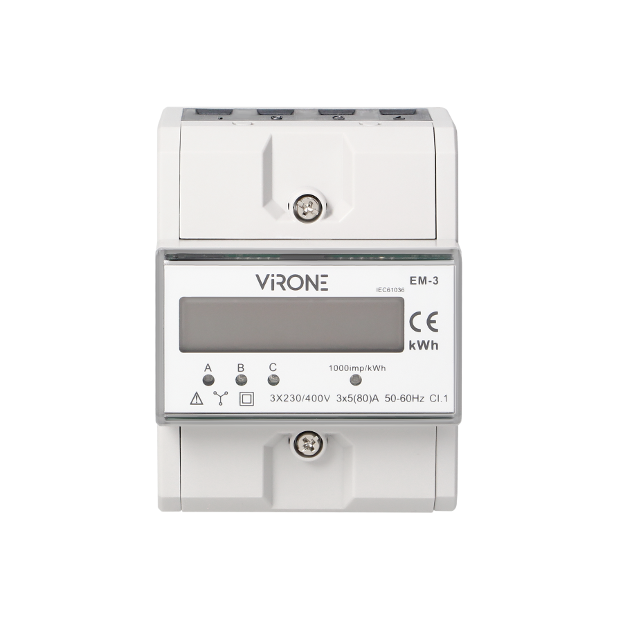 Three-phase energy meter, 80A, 4,3 modules, DIN TH-35mm