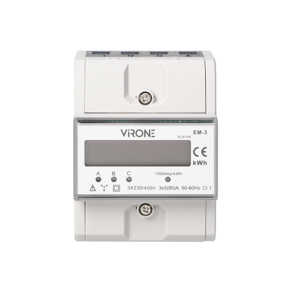 Three-phase energy meter, 80A, 4,3 modules, DIN TH-35mm