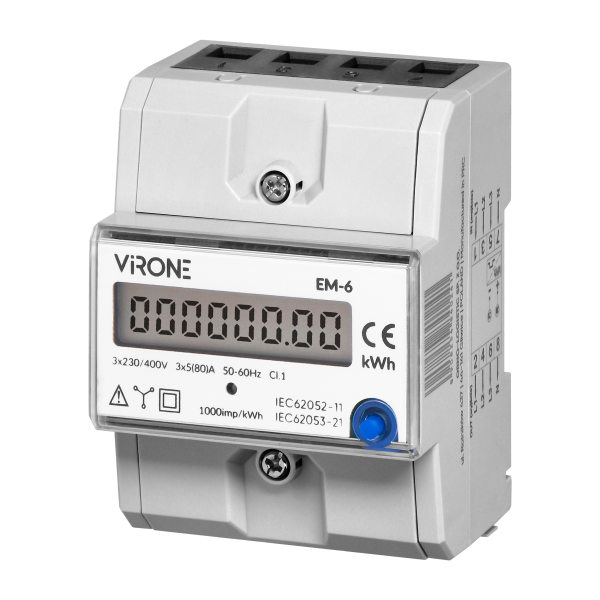 3-fazowy wskaźnik zużycia energii elektrycznej, 80A, dodatkowy wskaźnik, wyjście impulsowe, przycisk RESET, 2 moduły, DIN TH-35m 3-fazowy wskaźnik zużycia energii elektrycznej, 80A, dodatkowy wskaźnik, wyjście impulsowe, przycisk RESET, 2 moduły, DIN TH-35m