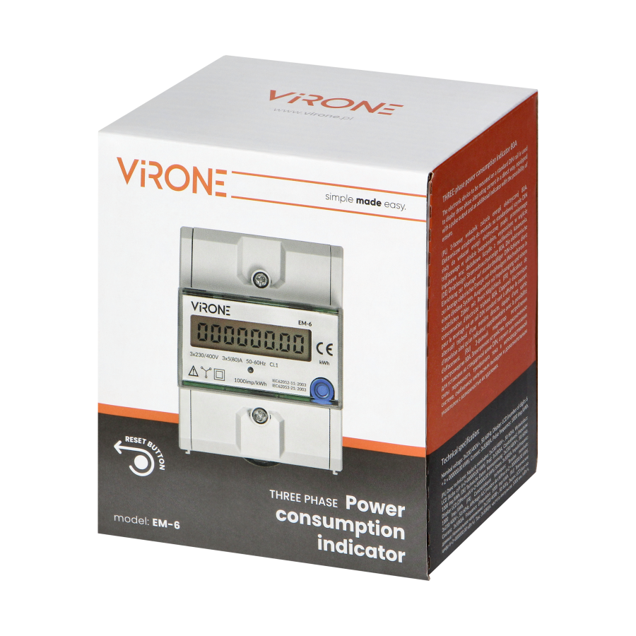 Three-phase energy indicator, 80A, additional indicator, pulse output, RESET button, 2 modules, DIN TH-35mm