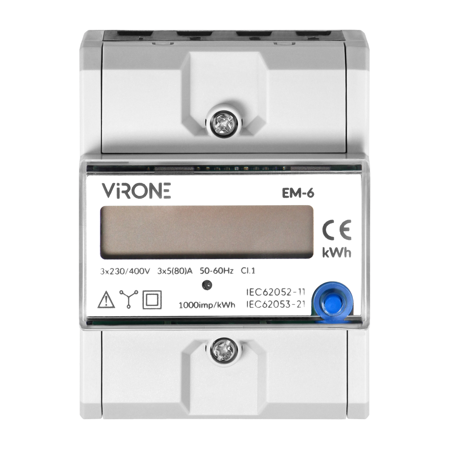 Three-phase energy indicator, 80A, additional indicator, pulse output, RESET button, 2 modules, DIN TH-35mm
