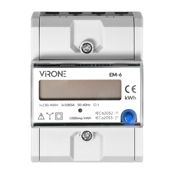 Three-phase energy indicator, 80A, additional indicator, pulse output, RESET button, 2 modules, DIN TH-35mm Three-phase energy indicator, 80A, additional indicator, pulse output, RESET button, 2 modules, DIN TH-35mm