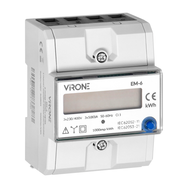 Three-phase energy indicator, 80A, additional indicator, pulse output, RESET button, 2 modules, DIN TH-35mm Three-phase energy indicator, 80A, additional indicator, pulse output, RESET button, 2 modules, DIN TH-35mm