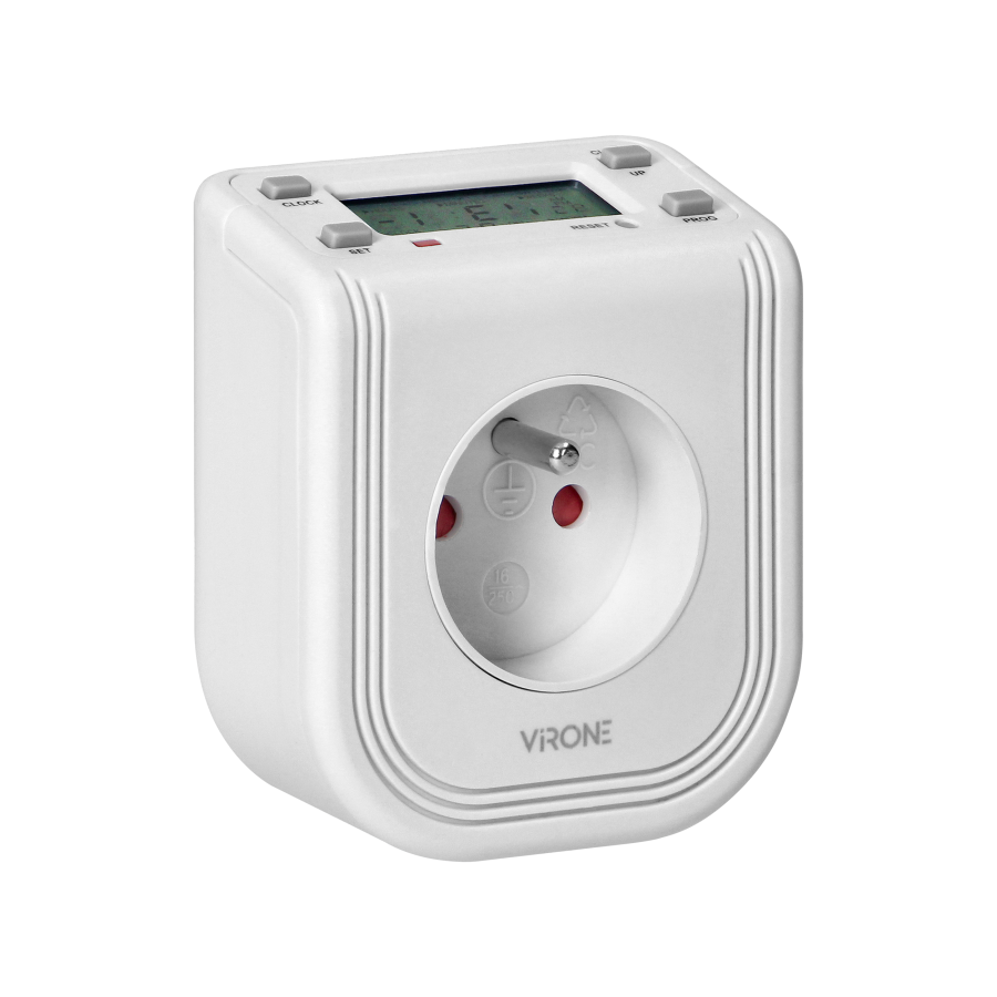 Elektroniczny programator czasowy z górnym wyświetlaczem LCD, 230 VAC 3680W, 16 punktów przełączenia, symulator obecności.