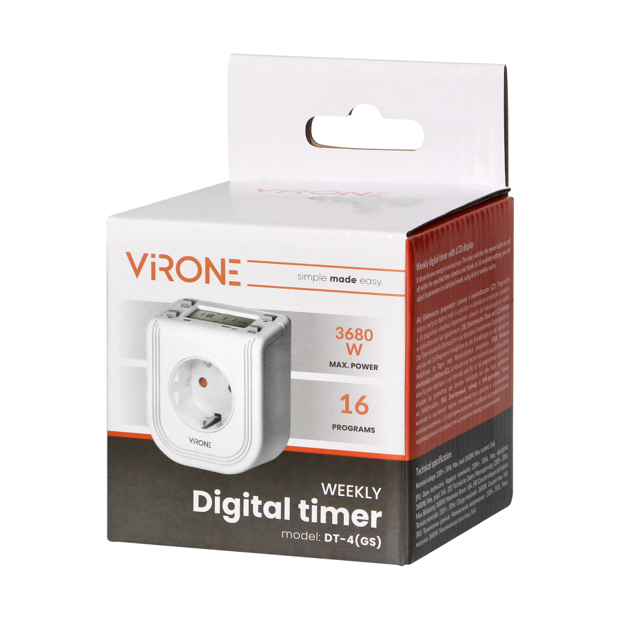 Electronic timer with upper LCD display 230 VAC, 3680W, 16 switching modes, presence simulator, Schuko