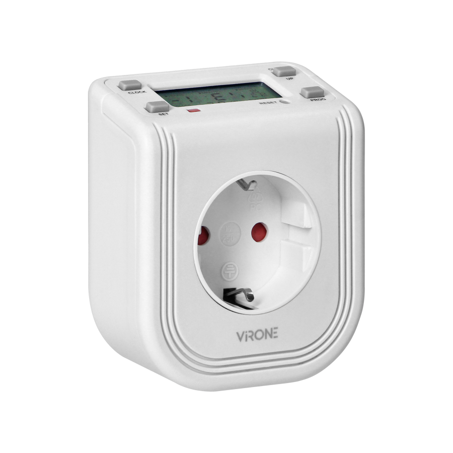 Electronic timer with upper LCD display 230 VAC, 3680W, 16 switching modes, presence simulator, Schuko