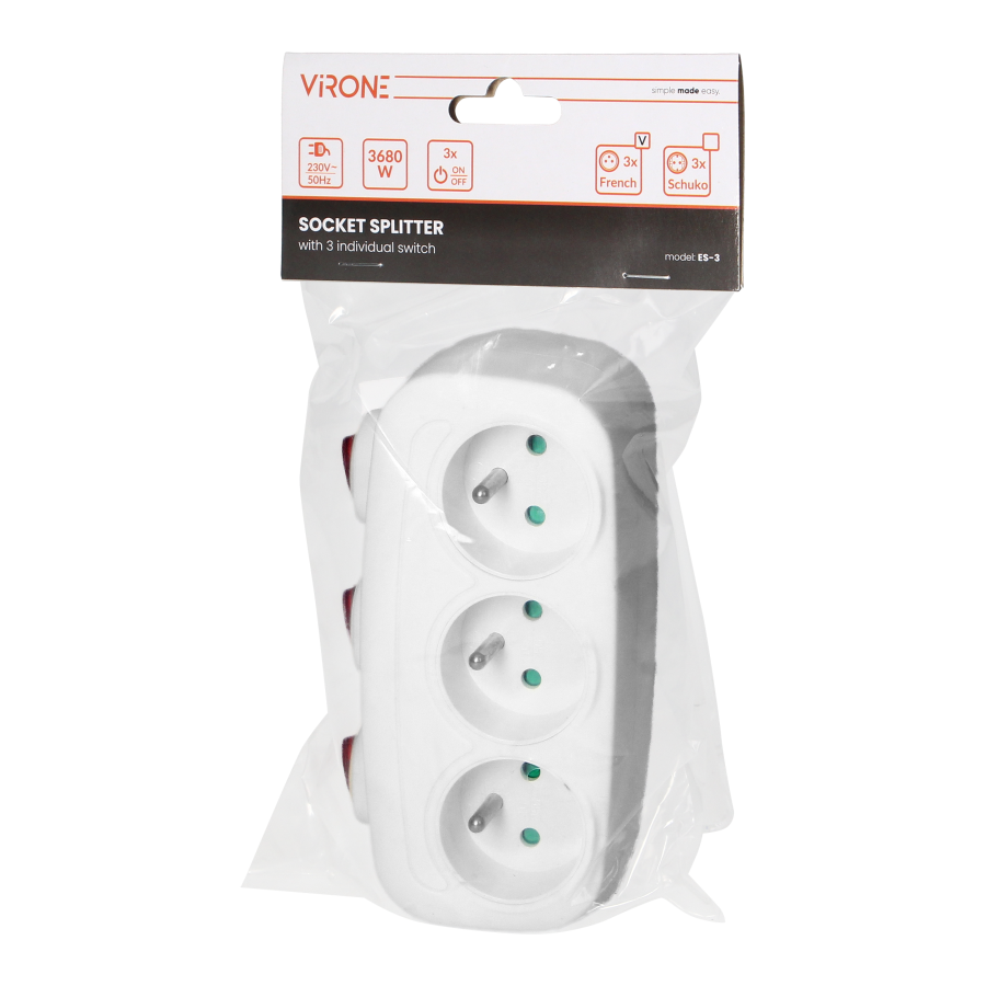 Socket splitter 3x2P+E with 3 individual switches