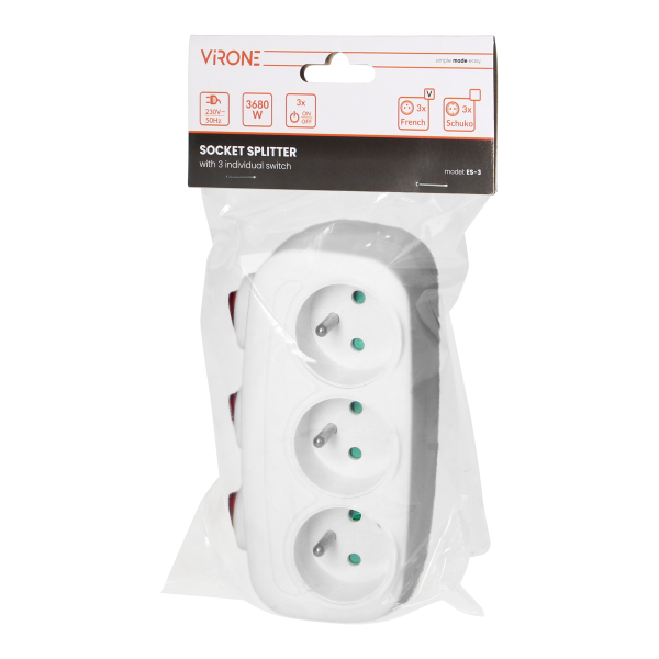 Socket splitter 3x2P+E with 3 individual switches