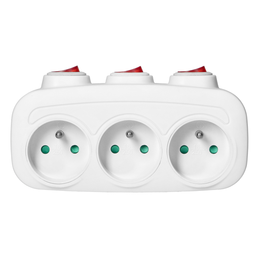 Socket splitter 3x2P+E with 3 individual switches