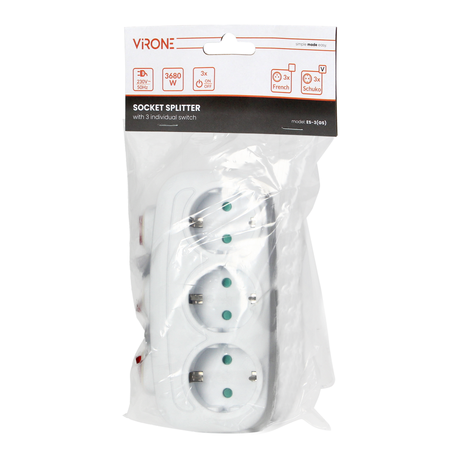 Rozgałęźnik 3x2P+Z (Schuko) z 3 włącznikami
