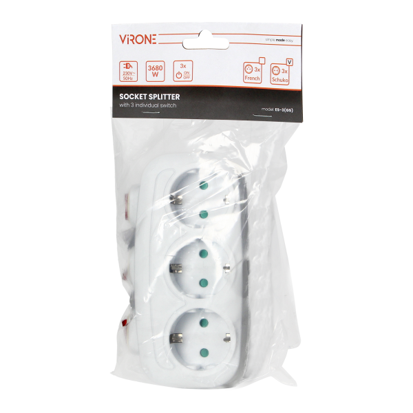 Socket splitter 3x2P+E (Schuko) with 3 individual switches