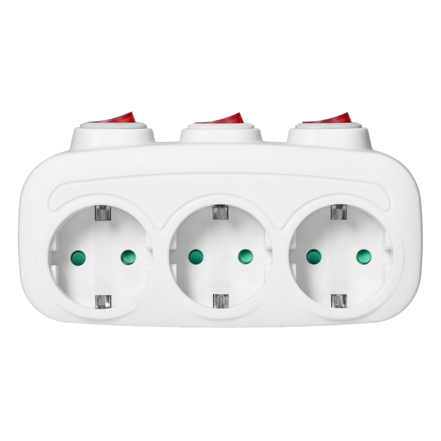Socket splitter 3x2P+E (Schuko) with 3 individual switches