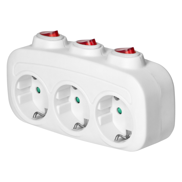 Socket splitter 3x2P+E (Schuko) with 3 individual switches