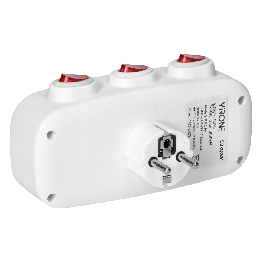 Socket splitter 3x2P+E (Schuko) with 3 individual switches