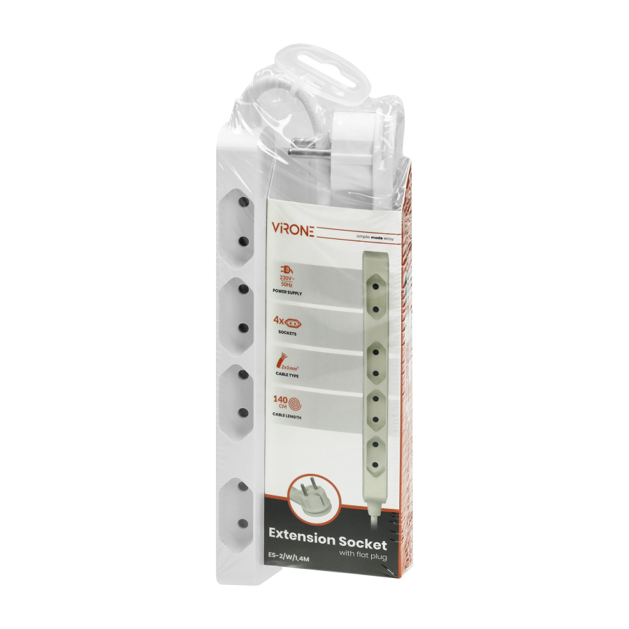 Extension sockets 2P/II with flat plug, 2x0.75mm2 - 1.4m cable