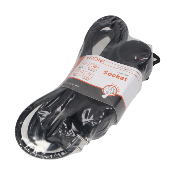 Przedłużacz 3-krotny 2P+Z, 3m H05VV-F 3x1,5mm2, Imax=16A, płaska wtyczka, czarny Przedłużacz 3-krotny 2P+Z, 3m H05VV-F 3x1,5mm2, Imax=16A, płaska wtyczka, czarny