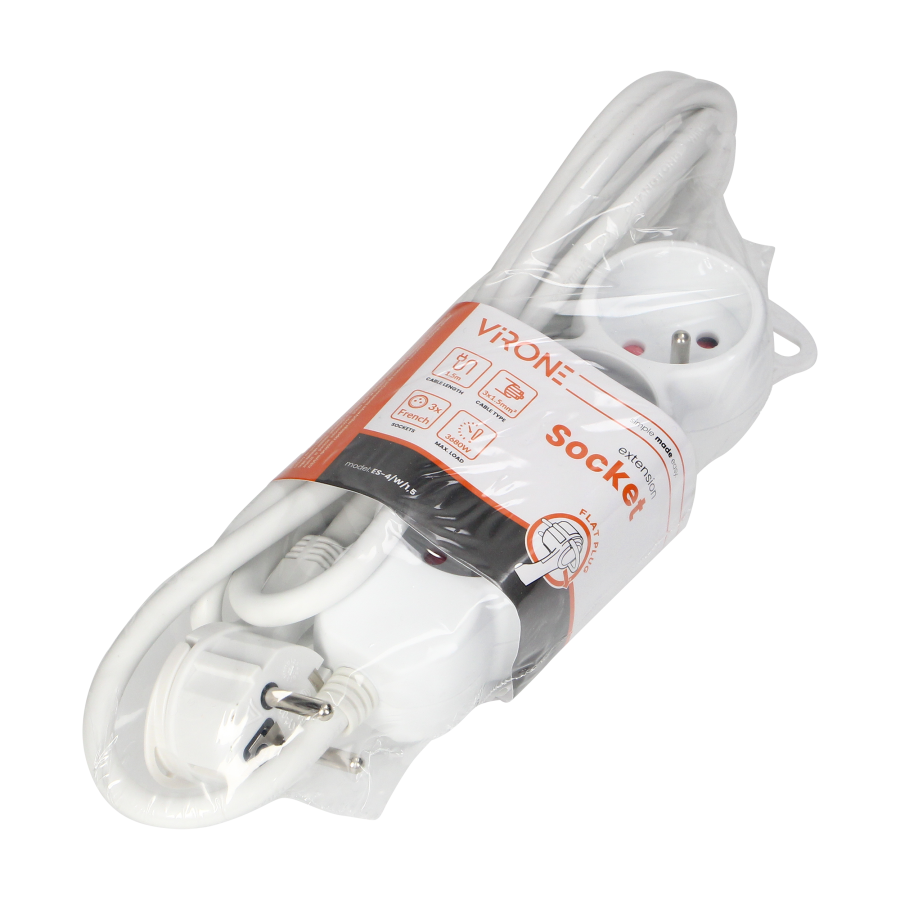 Przedłużacz 3-krotny 2P+Z, 1,5m H05VV-F 3x1,5mm2 , Imax=16A, płaska wtyczka, biały