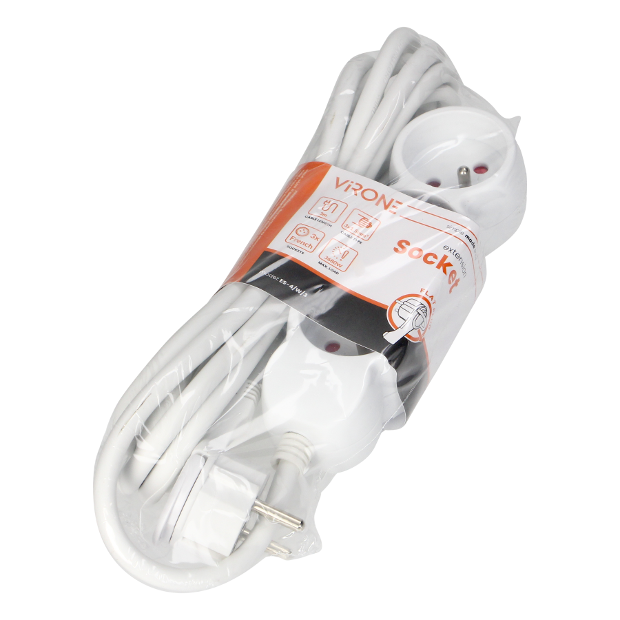 Extension socket 3x 2P+E , 3m  H05VV-F 3x1.5mm2, Imax = 16A, white