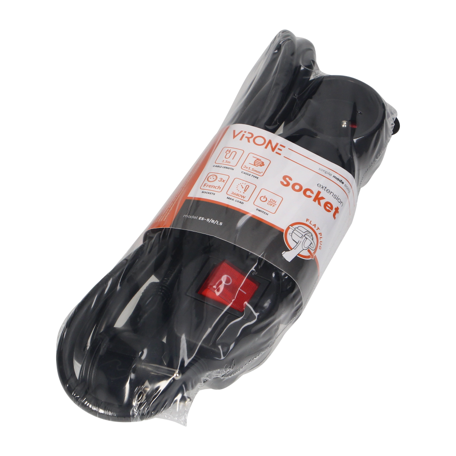 Extension socket 3x 2P+E with a switch, 1.5m  H05VV-F 3x1.5mm2, Imax=16A, black