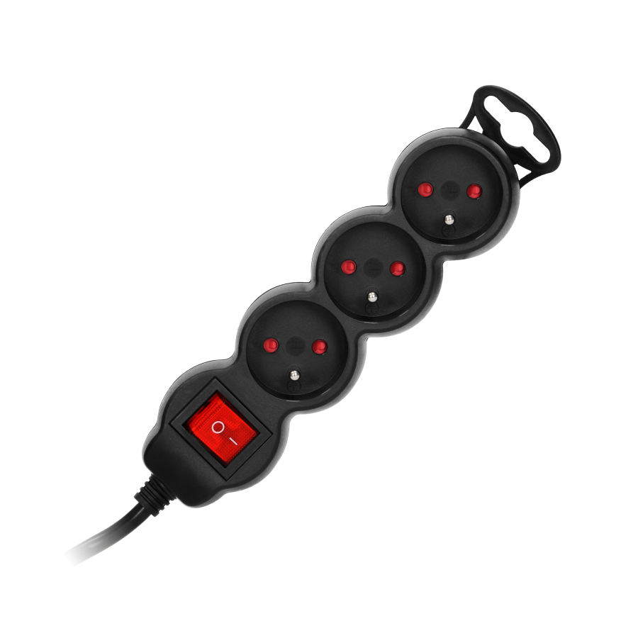 Extension socket 3x 2P+E with a switch, 1.5m  H05VV-F 3x1.5mm2, Imax=16A, black