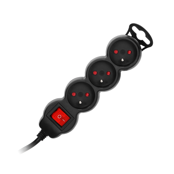 Extension socket 3x 2P+E with a switch, 3m  H05VV-F 3x1.5mm2, Imax=16A, black Extension socket 3x 2P+E with a switch, 3m  H05VV-F 3x1.5mm2, Imax=16A, black
